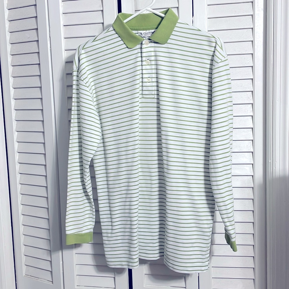 Coolibar Quality Sun Protection Mens Small Green Pinstripe Long Sleeve Polo